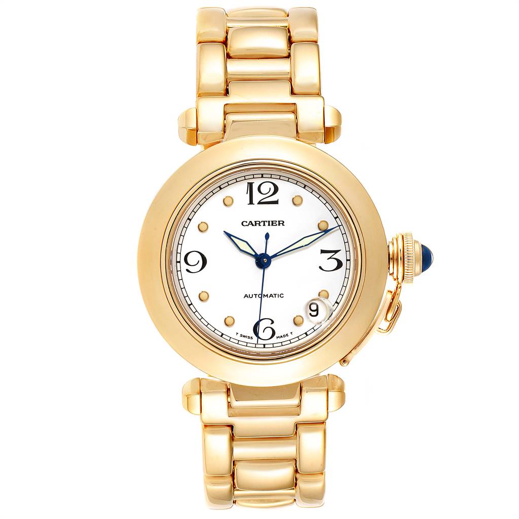 The Cartier Pasha WJ1110H9 Men's Yellow Gold White Dial WJ1110H9 Men's Yellow Gold White Dial watch is shown from a top view, displaying the face, crown, and a portion of the bracelet.