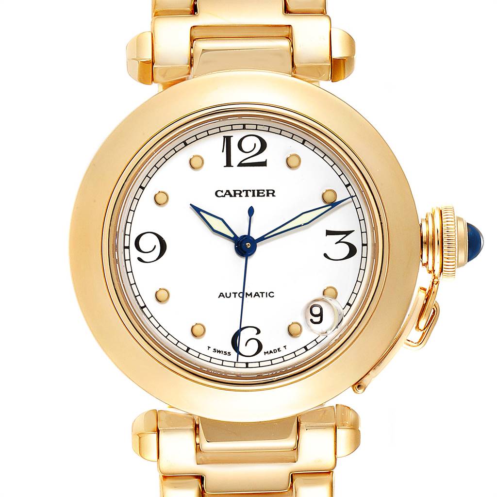 The image shows a frontal view of a Cartier Pasha WJ1110H9 Men's Yellow Gold White Dial WJ1110H9 Men's Yellow Gold White Dial model watch, highlighting its gold casing, bracelet, dial, and crown.