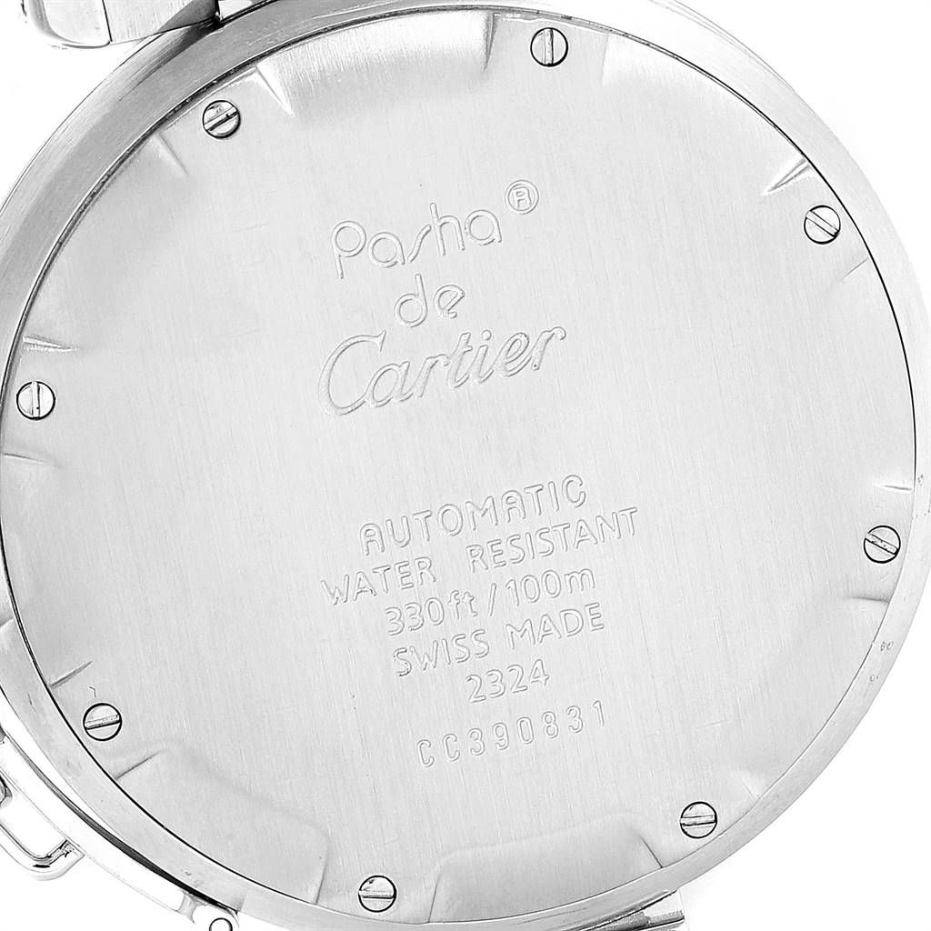 This image shows the back case of a Cartier Pasha W31024M7 Men's Stainless Steel Pink Dial W31024M7 Men's Stainless Steel Pink Dial model watch, highlighting its engravings and water resistance details.
