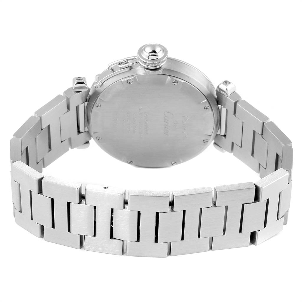 This image shows the back side and bracelet of a Cartier Pasha W31024M7 Men's Stainless Steel Pink Dial W31024M7 Men's Stainless Steel Pink Dial watch.