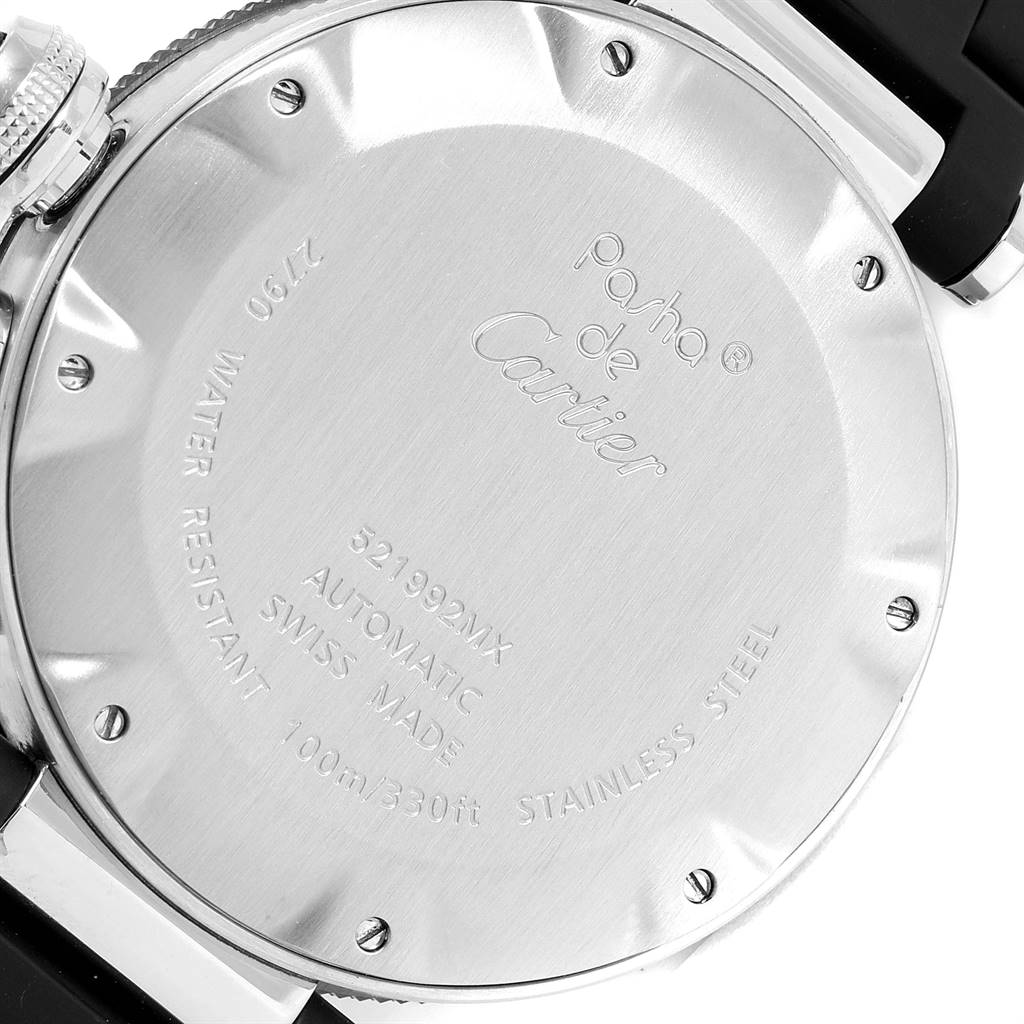 This image shows the back case of a Cartier Pasha W31077U2 Men
s Stainless Steel Black Dial W31077U2 Men
s Stainless Steel Black Dial watch, including engraving details and part of the strap.