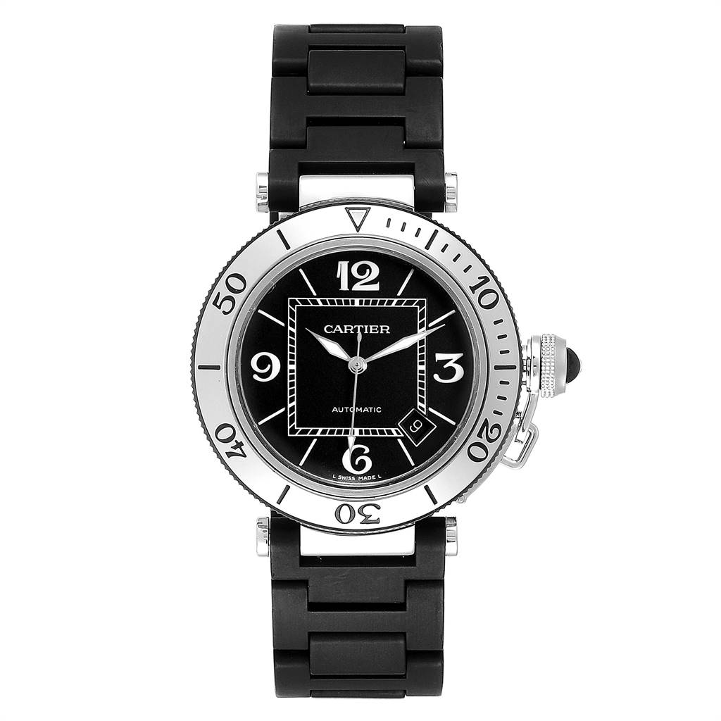 This image shows a frontal view of a Cartier Pasha W31077U2 Men
s Stainless Steel Black Dial W31077U2 Men
s Stainless Steel Black Dial model watch, highlighting the dial, bezel, and bracelet.