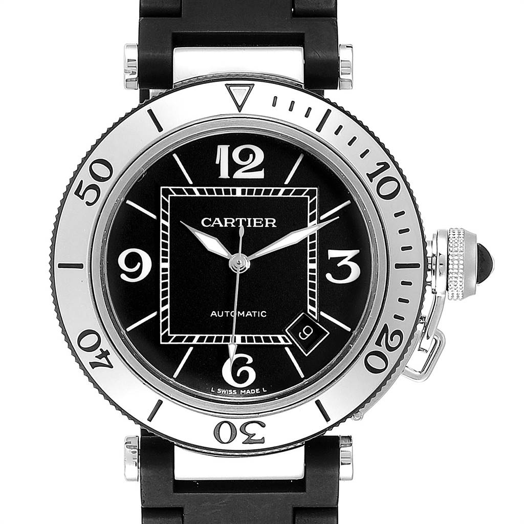 This image shows the front view of a Cartier Pasha W31077U2 Men
s Stainless Steel Black Dial W31077U2 Men
s Stainless Steel Black Dial watch, highlighting its face, bezel, and crown.