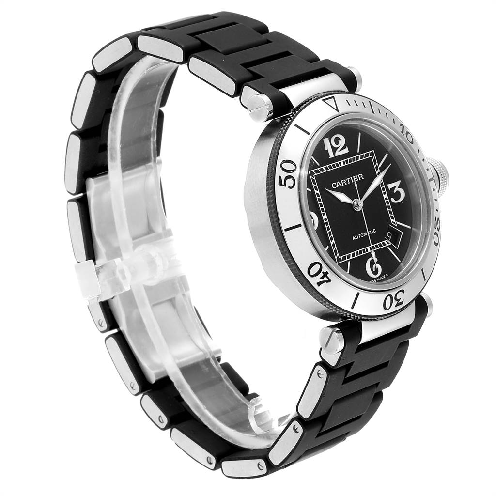 The Cartier Pasha W31077U2 Men
s Stainless Steel Black Dial W31077U2 Men
s Stainless Steel Black Dial watch is shown at an angle displaying the face, bezel, crown, and part of the band.