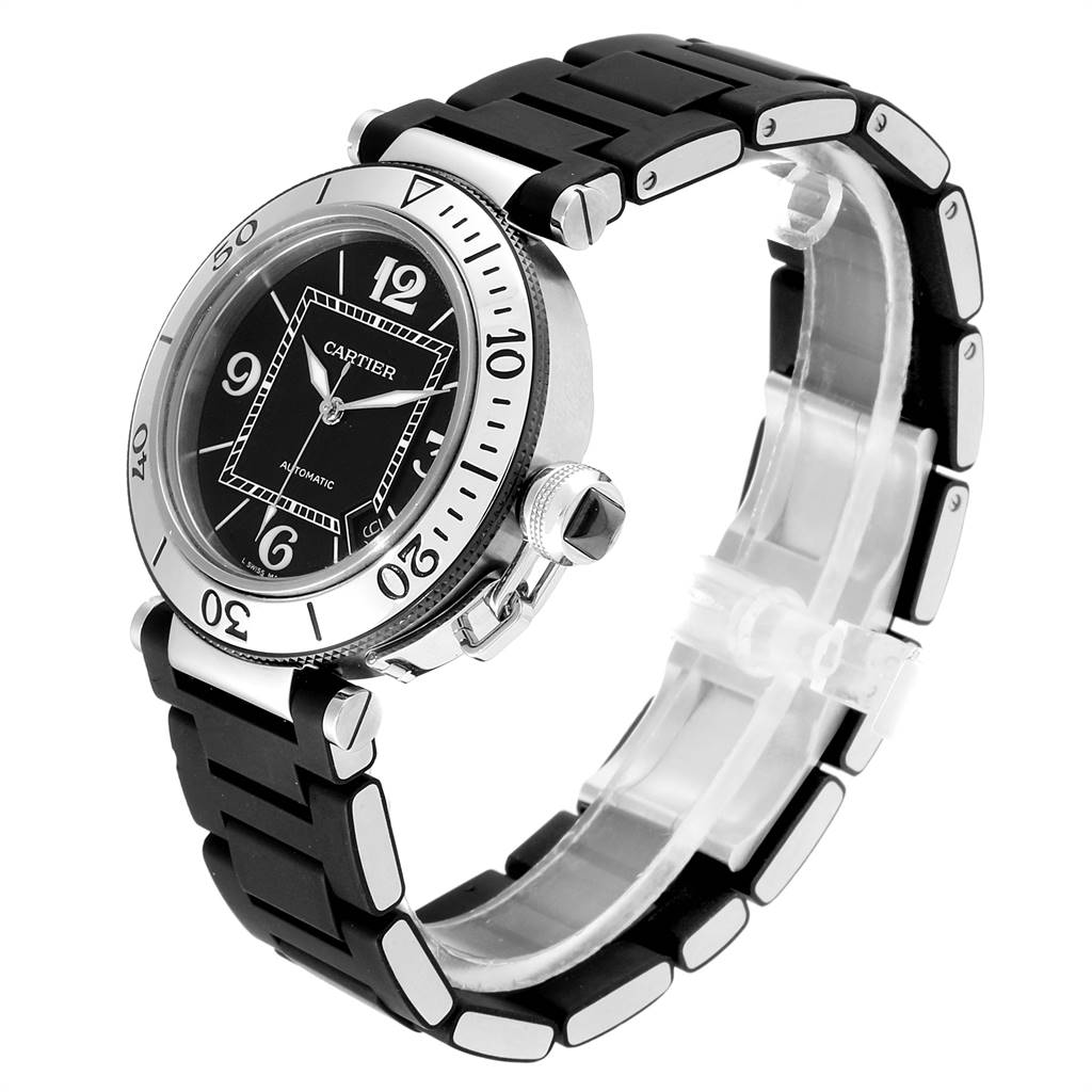 The image shows a Cartier Pasha W31077U2 Men
s Stainless Steel Black Dial W31077U2 Men
s Stainless Steel Black Dial watch at a slight angle, highlighting the face, bezel, and band.