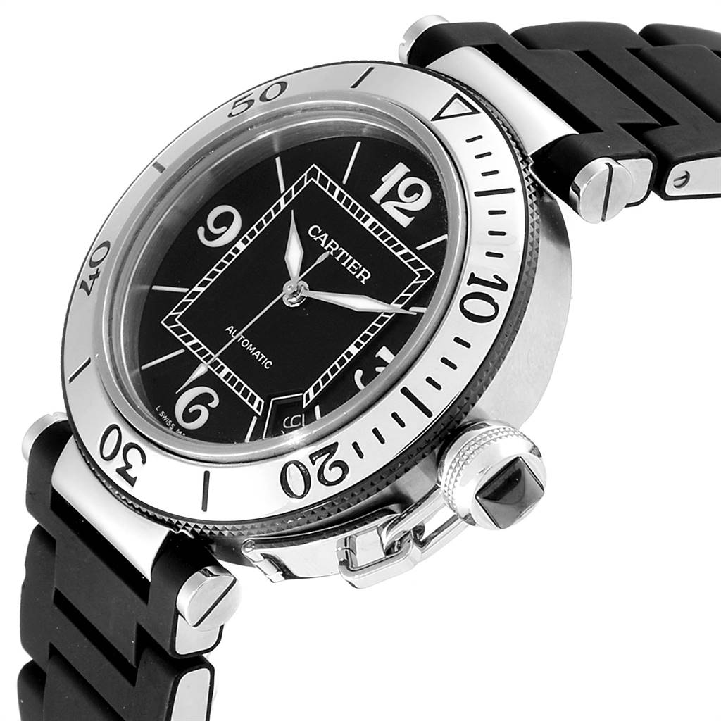 The Cartier Pasha W31077U2 Men
s Stainless Steel Black Dial W31077U2 Men
s Stainless Steel Black Dial watch is shown at an angled close-up, displaying the dial, bezel, and part of the rubber strap.