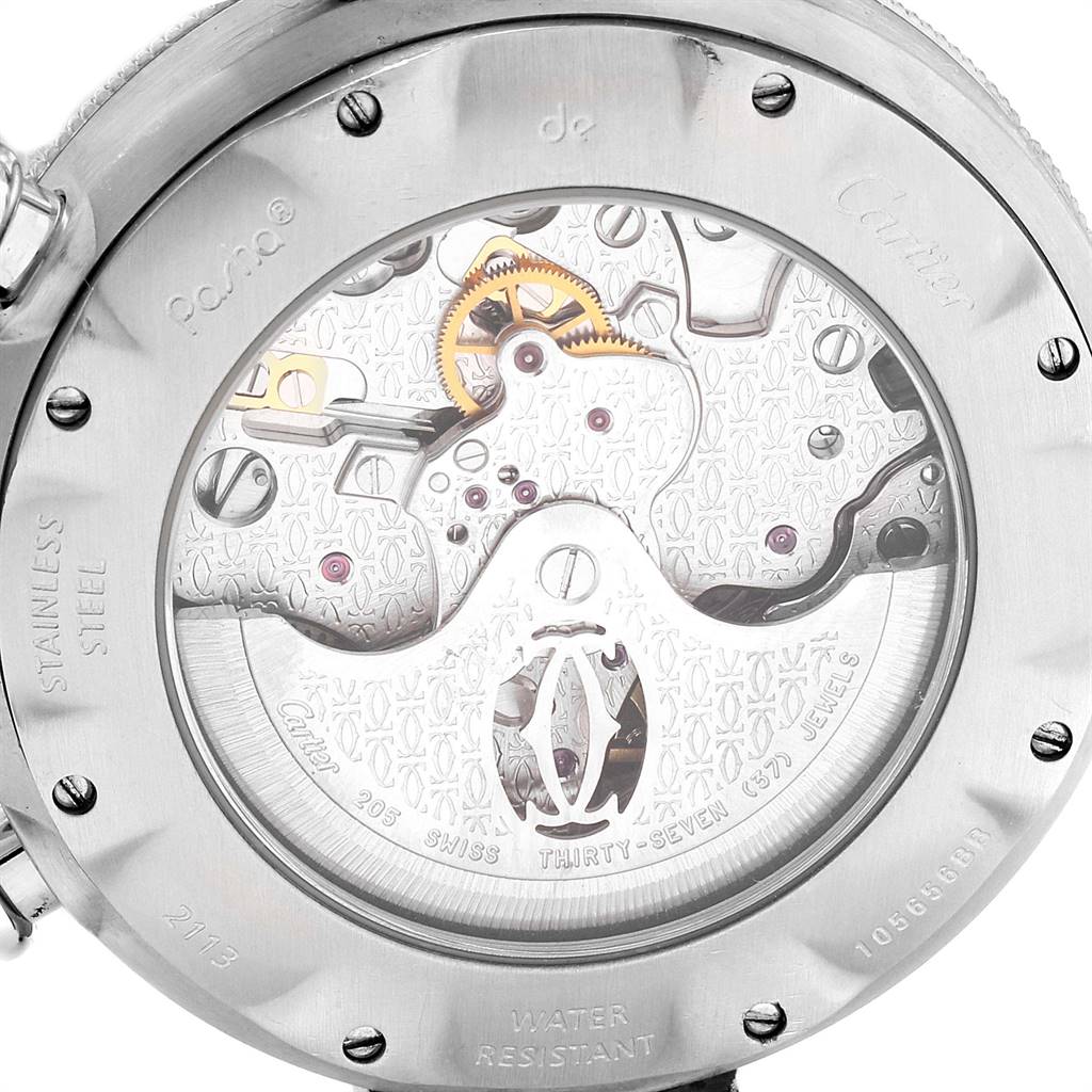 The image shows the back view of the Cartier Pasha W31030H3 Men's Stainless Steel Silver Dial W31030H3 Men's Stainless Steel Silver Dial watch, displaying its mechanical movement and engravings.