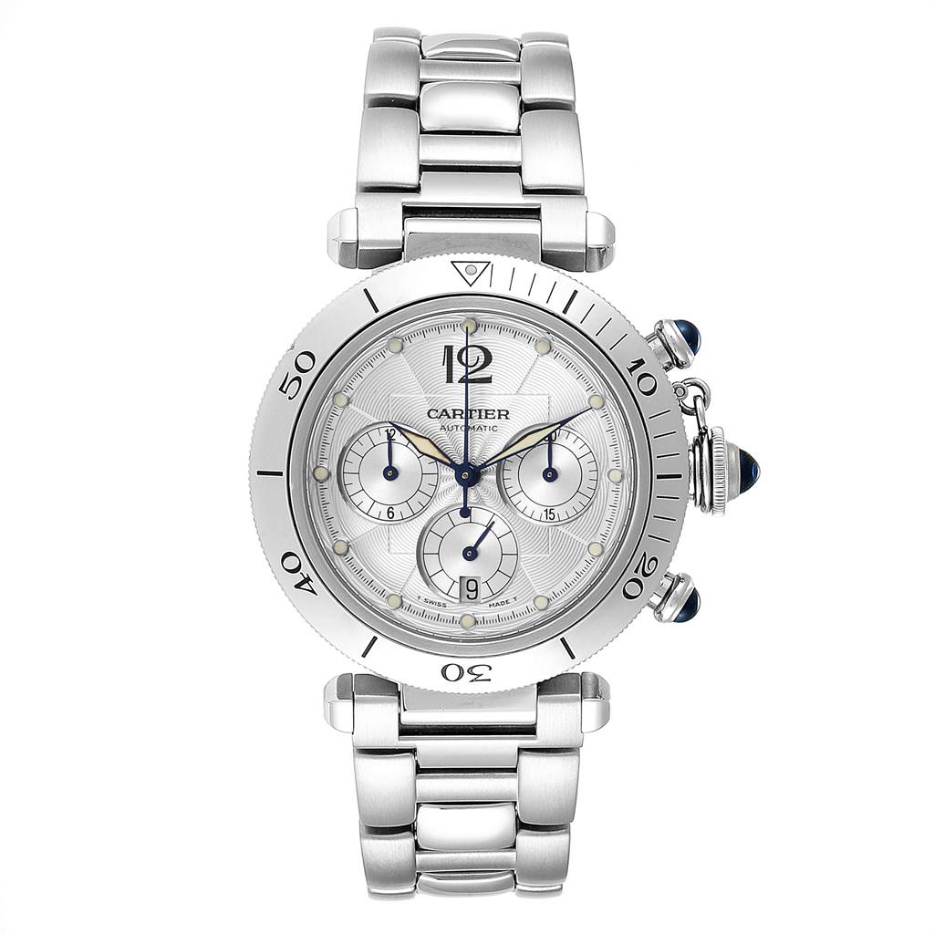 The image shows a front view of the Cartier Pasha W31030H3 Men's Stainless Steel Silver Dial W31030H3 Men's Stainless Steel Silver Dial watch, highlighting its dial, bracelet, and crown.