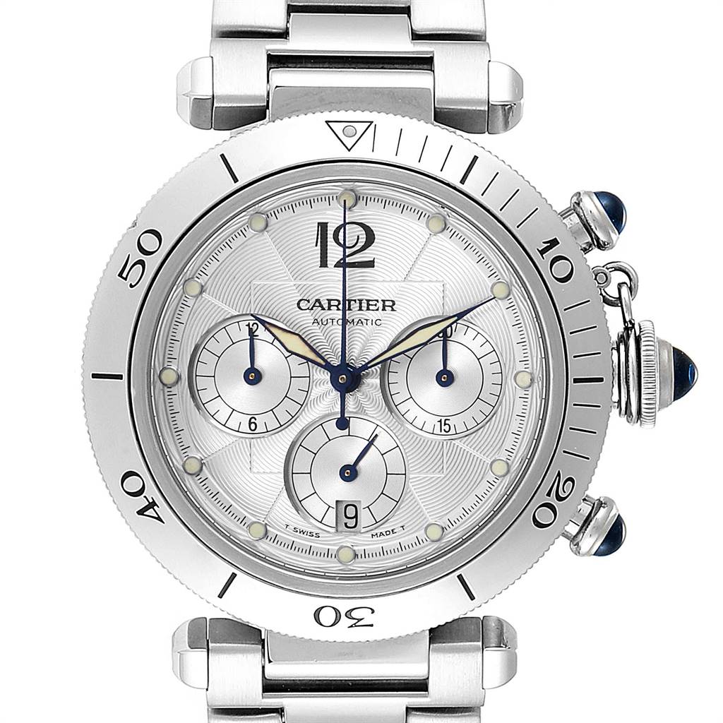 The Cartier Pasha W31030H3 Men's Stainless Steel Silver Dial W31030H3 Men's Stainless Steel Silver Dial watch is shown from a front angle, highlighting the face, bezel, and part of the bracelet.