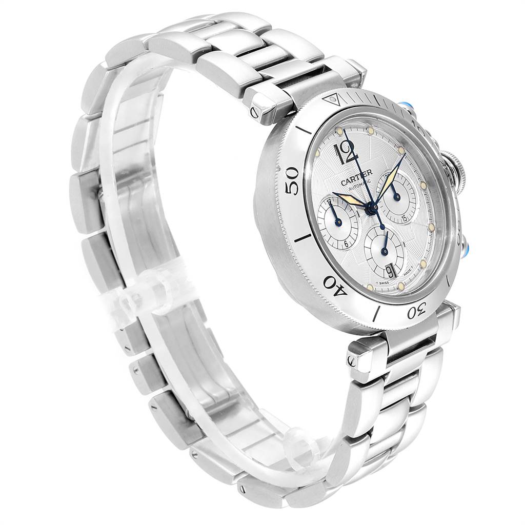 This image shows a side angle view of a Cartier Pasha W31030H3 Men's Stainless Steel Silver Dial W31030H3 Men's Stainless Steel Silver Dial model watch, highlighting the stainless steel band and bezel.
