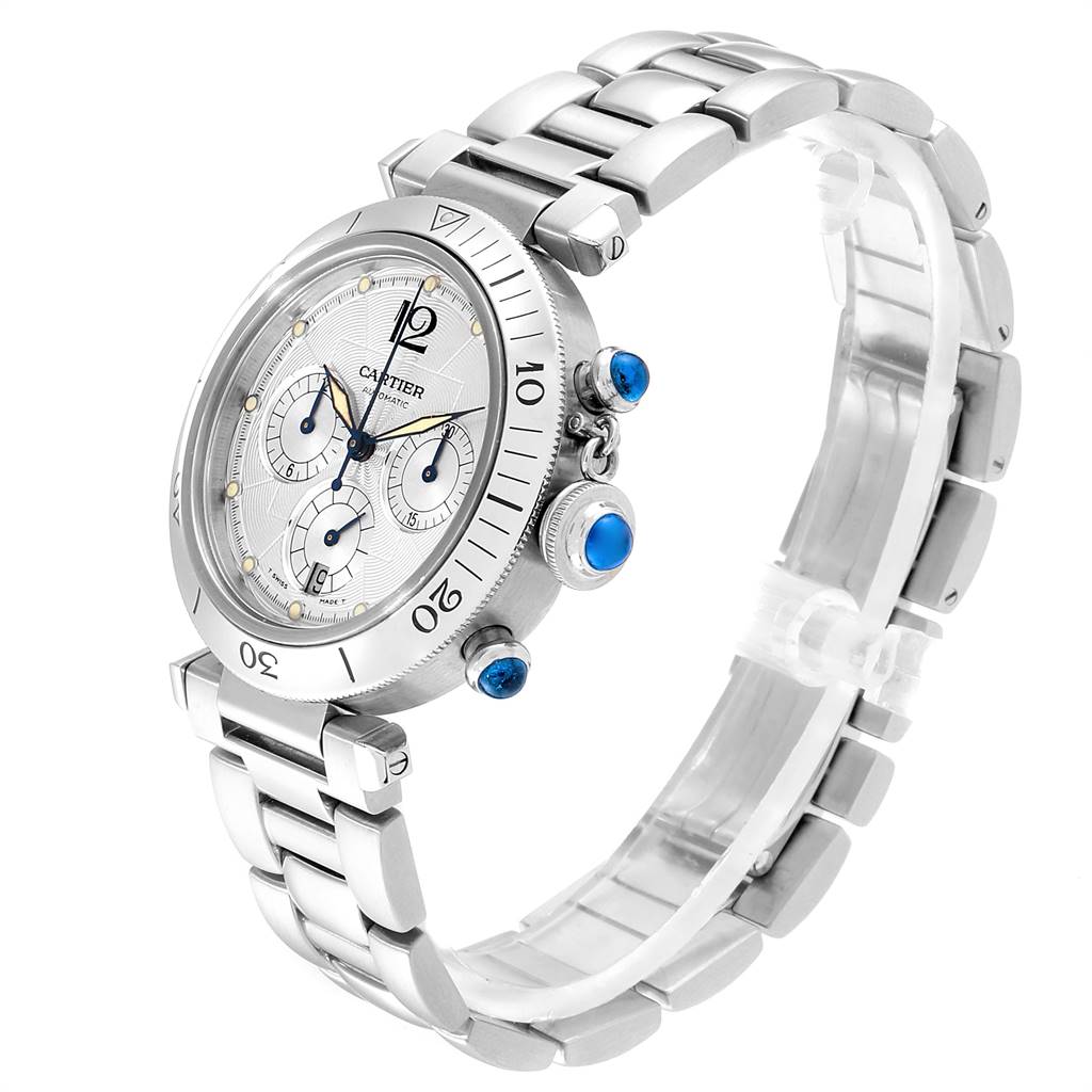 The Cartier Pasha W31030H3 Men's Stainless Steel Silver Dial W31030H3 Men's Stainless Steel Silver Dial watch is shown at an oblique angle highlighting the bezel, dial, sub-dials, crown, and stainless steel bracelet.
