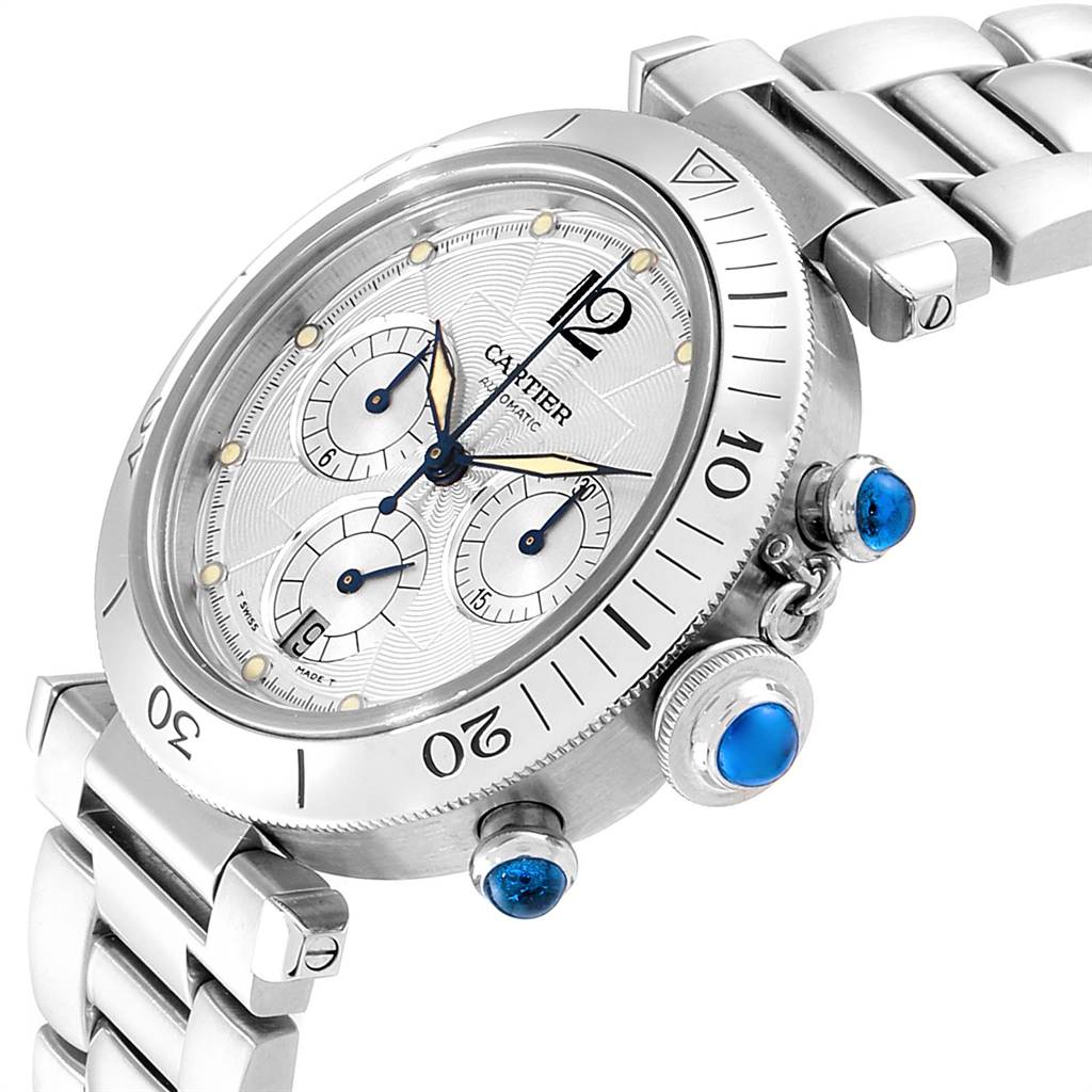 The Cartier Pasha W31030H3 Men's Stainless Steel Silver Dial W31030H3 Men's Stainless Steel Silver Dial watch is shown at an angle highlighting its face, bezel, chronograph dials, and metal bracelet.