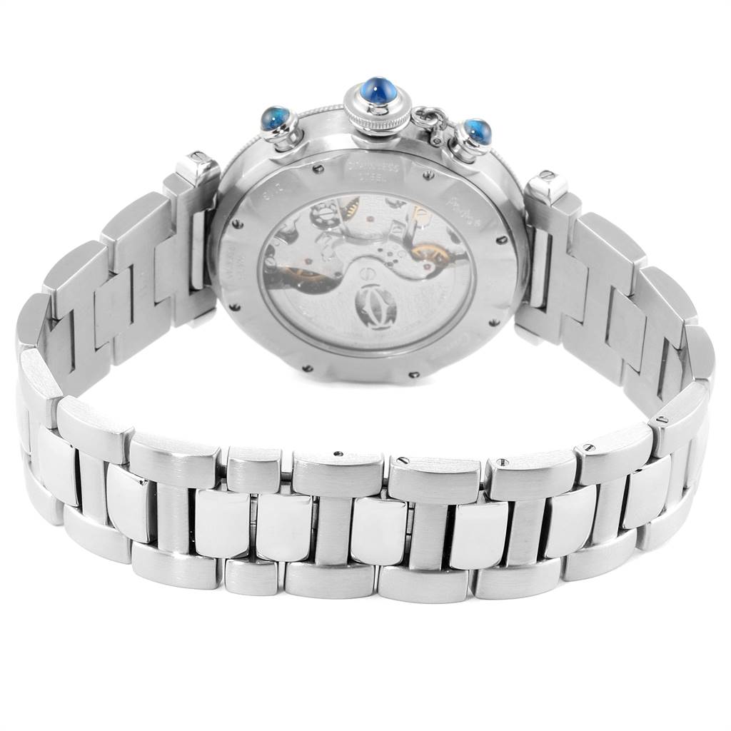 The image shows the back view of the Cartier Pasha W31030H3 Men's Stainless Steel Silver Dial W31030H3 Men's Stainless Steel Silver Dial watch, highlighting its bracelet and transparent case back.