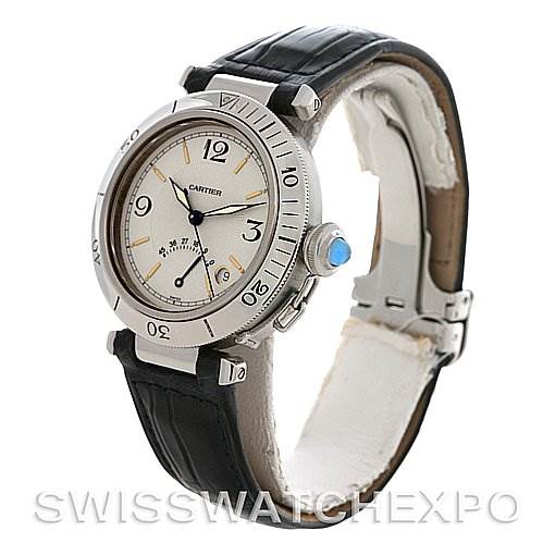 The Cartier Pasha 1033 CC347098 Men's Stainless Steel White Dial 1033 CC347098 Men's Stainless Steel White Dial watch is shown at a slight angle highlighting the face, bezel, crown, and black leather strap.