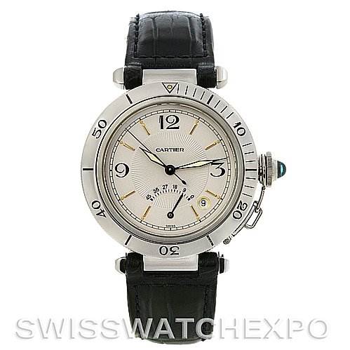 The image shows a Cartier Pasha 1033 CC347098 Men's Stainless Steel White Dial 1033 CC347098 Men's Stainless Steel White Dial model watch in a front-facing angle, highlighting the dial, case, bezel, and strap.