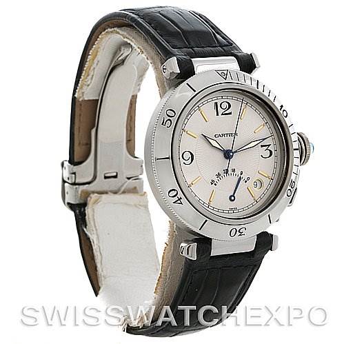 This image shows a Cartier Pasha 1033 CC347098 Men's Stainless Steel White Dial 1033 CC347098 Men's Stainless Steel White Dial watch at an angled side view, highlighting the dial, bezel, crown, and leather strap.