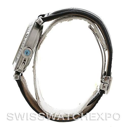 The image shows a side view of the Cartier Pasha 1033 CC347098 Men's Stainless Steel White Dial 1033 CC347098 Men's Stainless Steel White Dial watch, highlighting its case, crown, and leather strap.