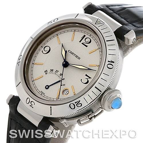 This image shows the Cartier Pasha 1033 CC347098 Men's Stainless Steel White Dial 1033 CC347098 Men's Stainless Steel White Dial watch from a 3/4 angle, highlighting its bezel, dial, crown, and black leather strap.