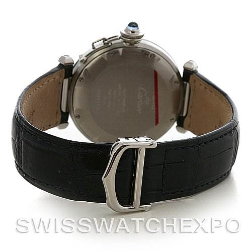 This image shows the backside of a Cartier Pasha 1033 CC347098 Men's Stainless Steel White Dial 1033 CC347098 Men's Stainless Steel White Dial watch, highlighting the case back, leather strap, and buckle.