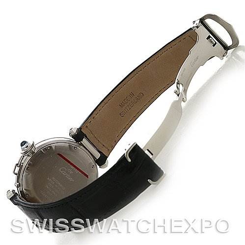 The image displays the back and strap of a Cartier Pasha 1033 CC347098 Men's Stainless Steel White Dial 1033 CC347098 Men's Stainless Steel White Dial watch from a side angle, highlighting the leather band and clasp.