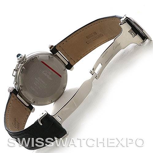 The image shows the back view of the Cartier Pasha 1033 CC347098 Men's Stainless Steel White Dial 1033 CC347098 Men's Stainless Steel White Dial watch, displaying its case back, strap, and deployment clasp.