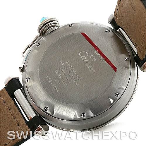 The image shows the back of a Cartier Pasha 1033 CC347098 Men's Stainless Steel White Dial 1033 CC347098 Men's Stainless Steel White Dial watch, revealing the case back and part of the leather strap.