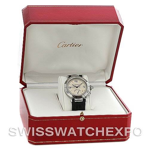 The Cartier Pasha 1033 CC347098 Men's Stainless Steel White Dial 1033 CC347098 Men's Stainless Steel White Dial watch is shown front-on, placed in an open red and white presentation box.