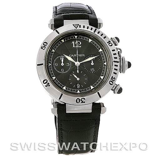 The image shows a frontal view of the Cartier Pasha W3105155 Men's Stainless Steel Grey Dial W3105155 Men's Stainless Steel Grey Dial watch, displaying its dial, bezel, chronograph buttons, and leather strap.