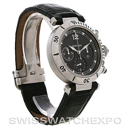 This image shows a Cartier Pasha W3105155 Men's Stainless Steel Grey Dial W3105155 Men's Stainless Steel Grey Dial watch from a three-quarter angle, highlighting its dial, bezel, and leather strap.