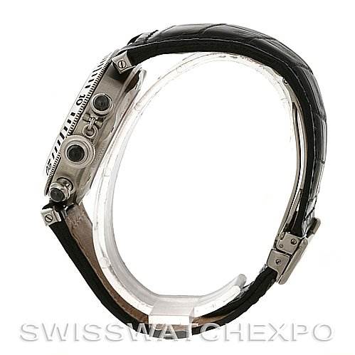 The image shows a side view of a Cartier Pasha W3105155 Men's Stainless Steel Grey Dial W3105155 Men's Stainless Steel Grey Dial watch, highlighting its case, crown, pushers, and black leather strap.