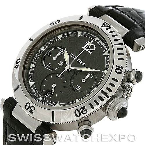 This image shows a tilted angle of a Cartier Pasha W3105155 Men's Stainless Steel Grey Dial W3105155 Men's Stainless Steel Grey Dial watch, highlighting the dial, bezel, and crown along with the leather strap.