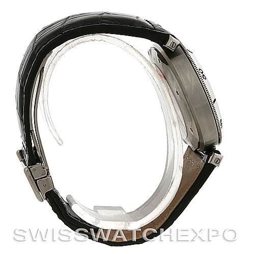 This image shows a side view of the Cartier Pasha W3105155 Men's Stainless Steel Grey Dial W3105155 Men's Stainless Steel Grey Dial model watch, highlighting the case, crown, and leather strap.