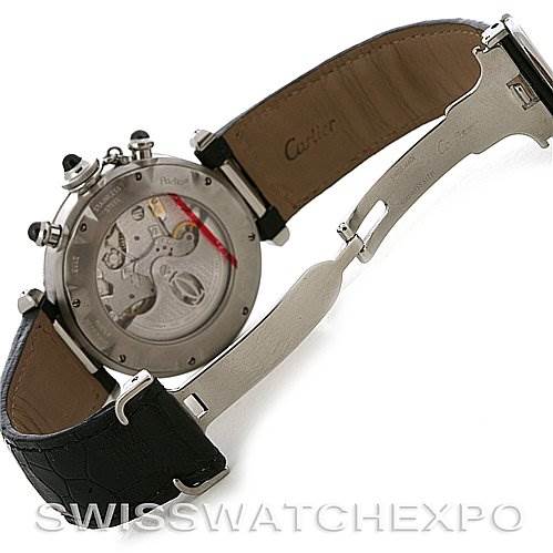 The image shows the back case and open deployment clasp of a Cartier Pasha W3105155 Men's Stainless Steel Grey Dial W3105155 Men's Stainless Steel Grey Dial watch, revealing its internal mechanism and leather strap.