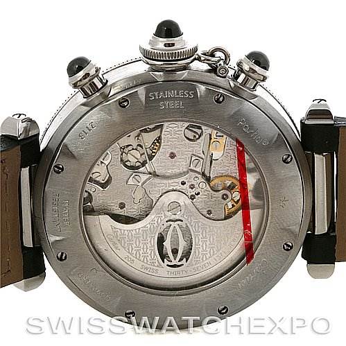 This image shows the back view of a Cartier Pasha W3105155 Men's Stainless Steel Grey Dial W3105155 Men's Stainless Steel Grey Dial watch, highlighting its stainless steel case and visible inner mechanisms.