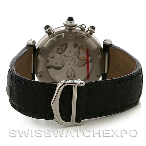 The image shows the back of a Cartier Pasha W3105155 Men's Stainless Steel Grey Dial W3105155 Men's Stainless Steel Grey Dial watch, highlighting its movement and black leather strap with a metal clasp.