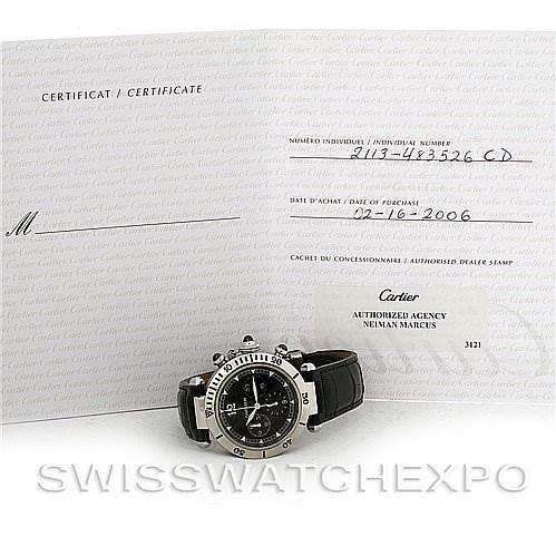 The image shows a Cartier Pasha W3105155 Men's Stainless Steel Grey Dial W3105155 Men's Stainless Steel Grey Dial watch and its certificate, viewed from a front angle.