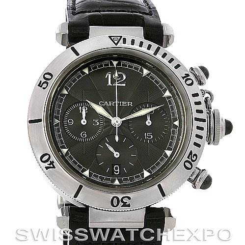 The image shows a front view of a Cartier Pasha W3105155 Men's Stainless Steel Grey Dial W3105155 Men's Stainless Steel Grey Dial model watch, displaying its dial, bezel, and strap.