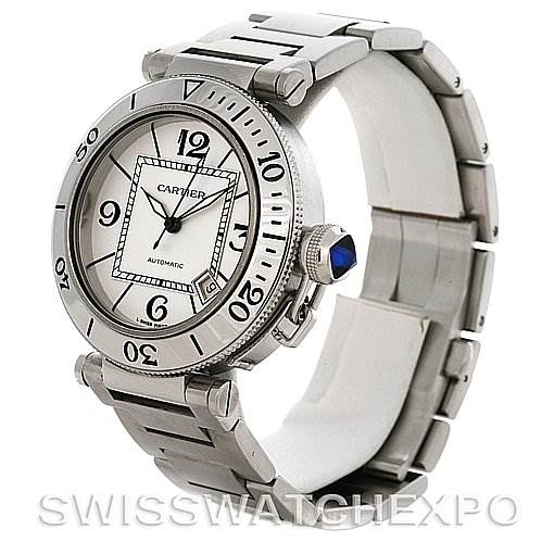 This image shows a Cartier Pasha W31080M7 Men
s Stainless Steel White Dial W31080M7 Men
s Stainless Steel White Dial watch at a slight side angle, highlighting its dial, bezel, and stainless steel bracelet.