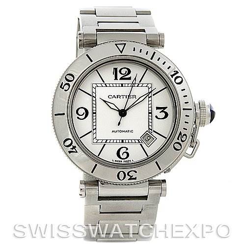 The image shows a front view of the Cartier Pasha W31080M7 Men
s Stainless Steel White Dial W31080M7 Men
s Stainless Steel White Dial watch, displaying its face, bezel, bracelet, and crown.