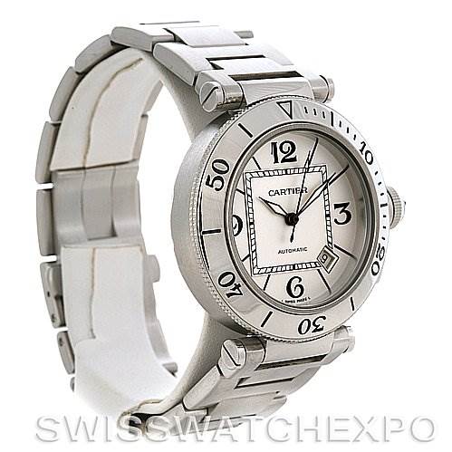 The image shows a Cartier Pasha W31080M7 Men
s Stainless Steel White Dial W31080M7 Men
s Stainless Steel White Dial watch at a three-quarter angle, highlighting the watch face and metal bracelet.