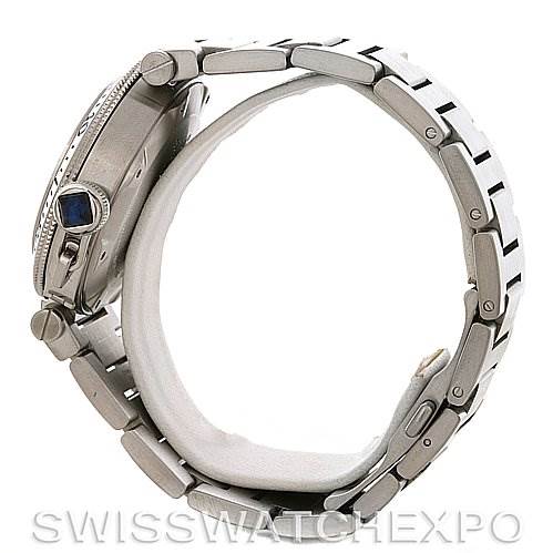 This image shows a side profile of the Cartier Pasha W31080M7 Men
s Stainless Steel White Dial W31080M7 Men
s Stainless Steel White Dial watch, highlighting its metal strap, crown, and case.