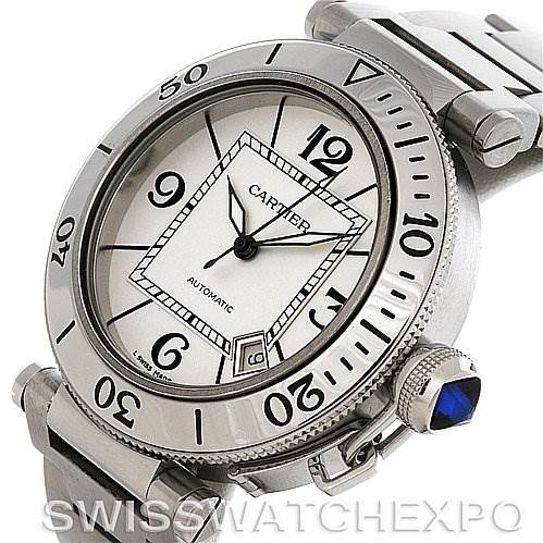 This image shows a Cartier Pasha W31080M7 Men
s Stainless Steel White Dial W31080M7 Men
s Stainless Steel White Dial watch at an angled close-up, highlighting its bezel, dial, crown, and part of the bracelet.