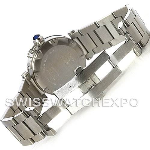The image shows the back view of the Cartier Pasha W31080M7 Men
s Stainless Steel White Dial W31080M7 Men
s Stainless Steel White Dial watch, including its stainless steel bracelet and clasp.