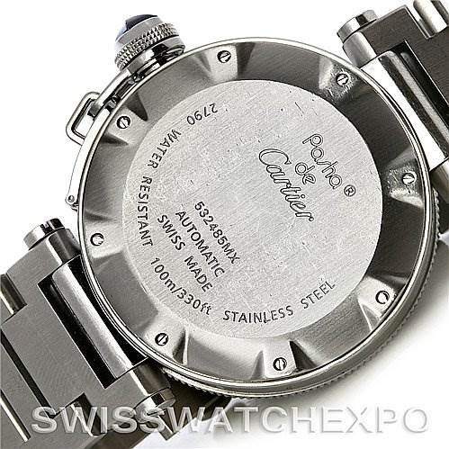 This image shows the back casing of a Cartier Pasha W31080M7 Men
s Stainless Steel White Dial W31080M7 Men
s Stainless Steel White Dial watch, displaying the model
s details and stainless steel bracelet.