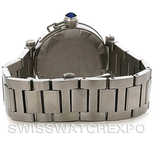 This image shows the back and bracelet of a Cartier Pasha W31080M7 Men
s Stainless Steel White Dial W31080M7 Men
s Stainless Steel White Dial model watch at a rear angle.
