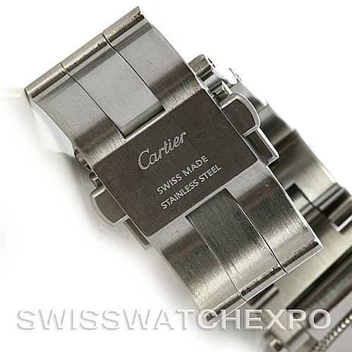 The image shows the stainless steel clasp of a Cartier Pasha W31080M7 Men
s Stainless Steel White Dial W31080M7 Men
s Stainless Steel White Dial watch, viewed from a close-up angle.