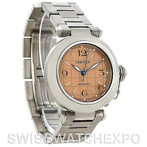 This image shows a Cartier Pasha W31075M7 Men
s Stainless Steel Pink Dial W31075M7 Men
s Stainless Steel Pink Dial watch from a front angle, highlighting its round face, numerals, brand name, and metal bracelet.