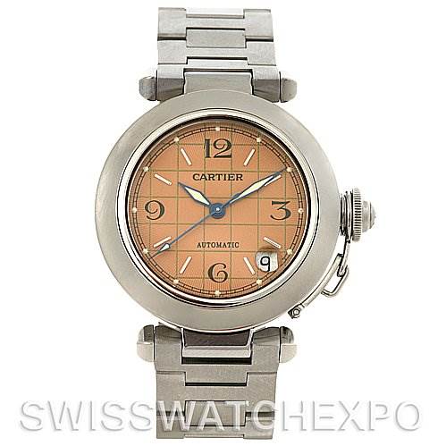 This image shows a front view of the Cartier Pasha W31075M7 Men
s Stainless Steel Pink Dial W31075M7 Men
s Stainless Steel Pink Dial watch, highlighting its round dial, bracelet, and crown.