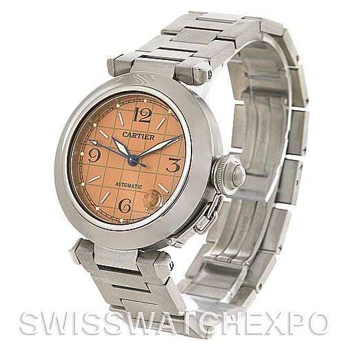 The image shows a Cartier Pasha W31075M7 Men
s Stainless Steel Pink Dial W31075M7 Men
s Stainless Steel Pink Dial watch at a three-quarter angle, displaying the dial, bezel, and metal bracelet.