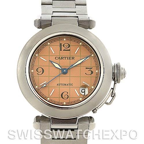 The image shows a front angle of the Cartier Pasha W31075M7 Men
s Stainless Steel Pink Dial W31075M7 Men
s Stainless Steel Pink Dial watch, highlighting its dial, bezel, crown, and metal bracelet.